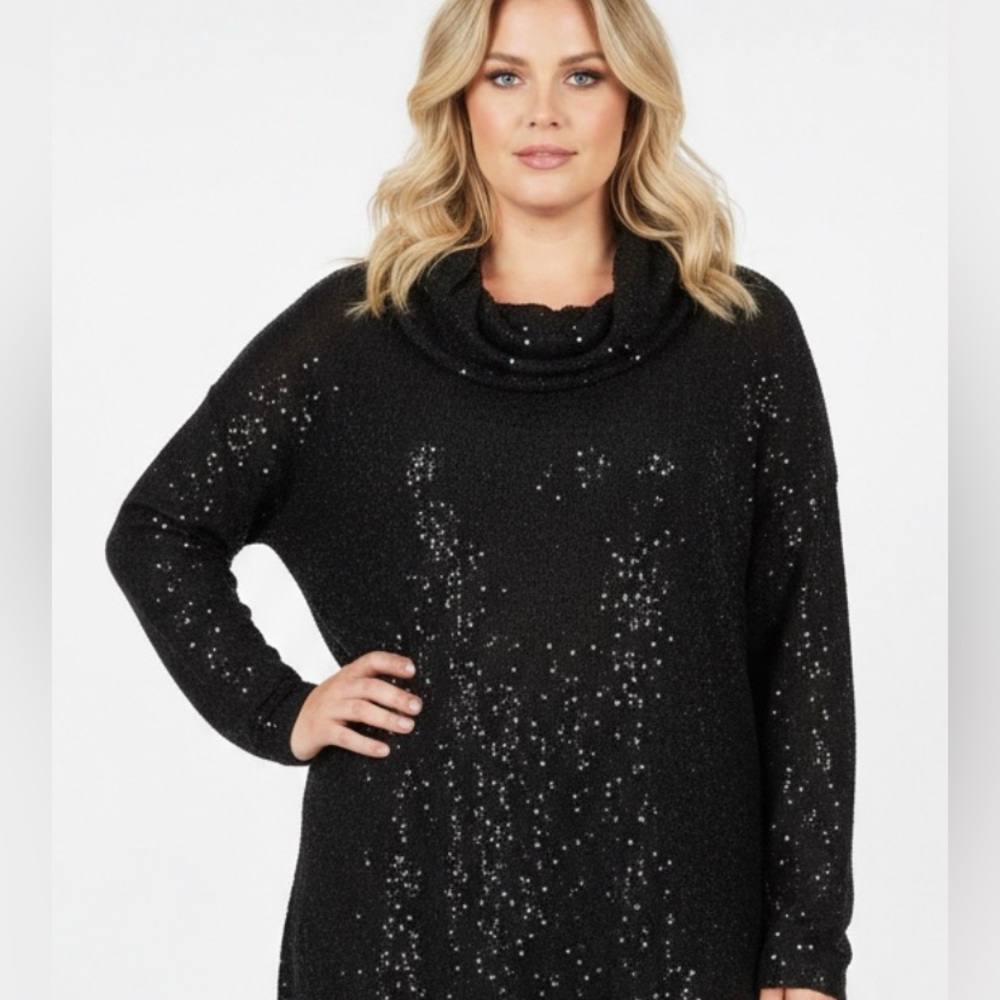 IMAN Sweater Women’s 3X Black‎ Sequins Cowl Neck Pullover Sparkle Tunic New